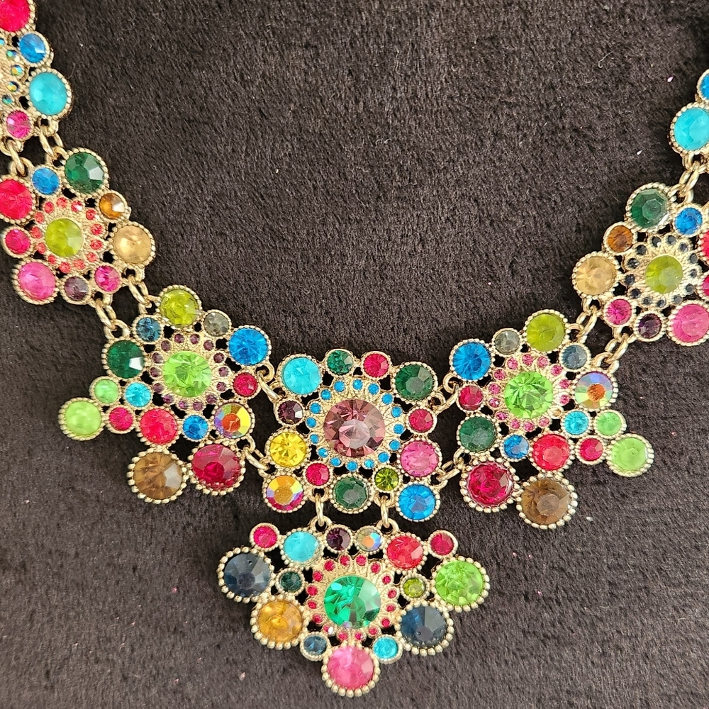 Pink and Red Statement Necklace with Floral Clusters